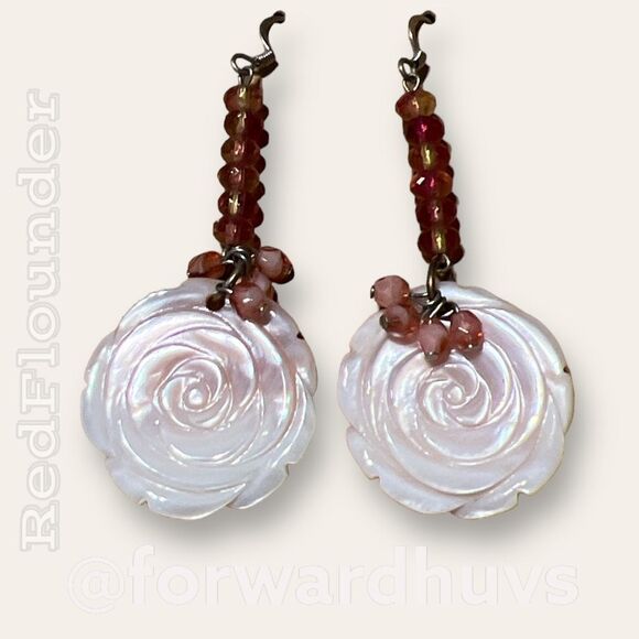 Exquisite Silvertone Dangle Earrings | Carved Rose Mother of Pearl | Flower Them - Picture 1 of 8